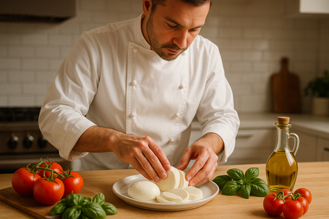 a chef preparing a dish using buffalo mozzarella