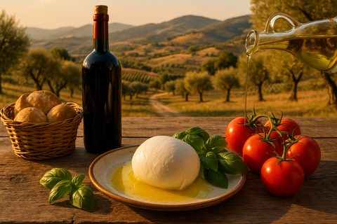 A rustic wooden farmhouse table in the Italian countryside, topped with fresh buffalo mozzarella on a ceramic plate, ripe vine tomatoes, fragrant basil leaves, and a drizzle of golden olive oil. A wicker basket with warm bread and a bottle of red wine nearby. In the distance, rolling Cilento hills and olive groves bathed in golden sunlight. Warm, inviting, authentic, and timeless